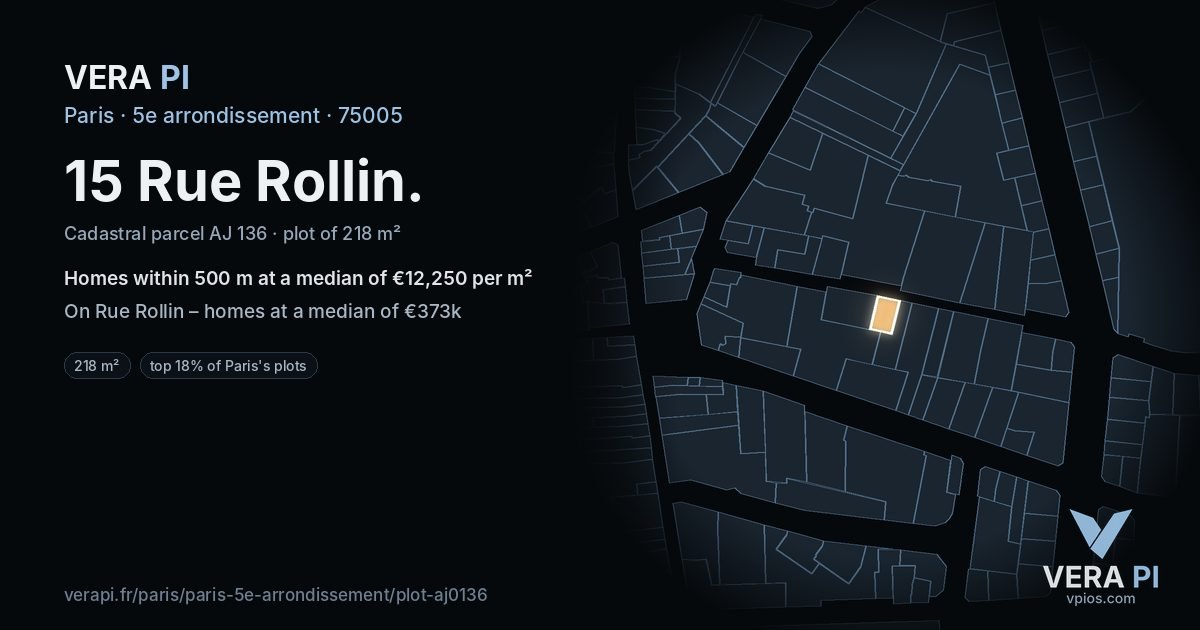 15 Rue Rollin, 5e arrondissement at night – the plot lit, the parcels around coloured by the prices near them