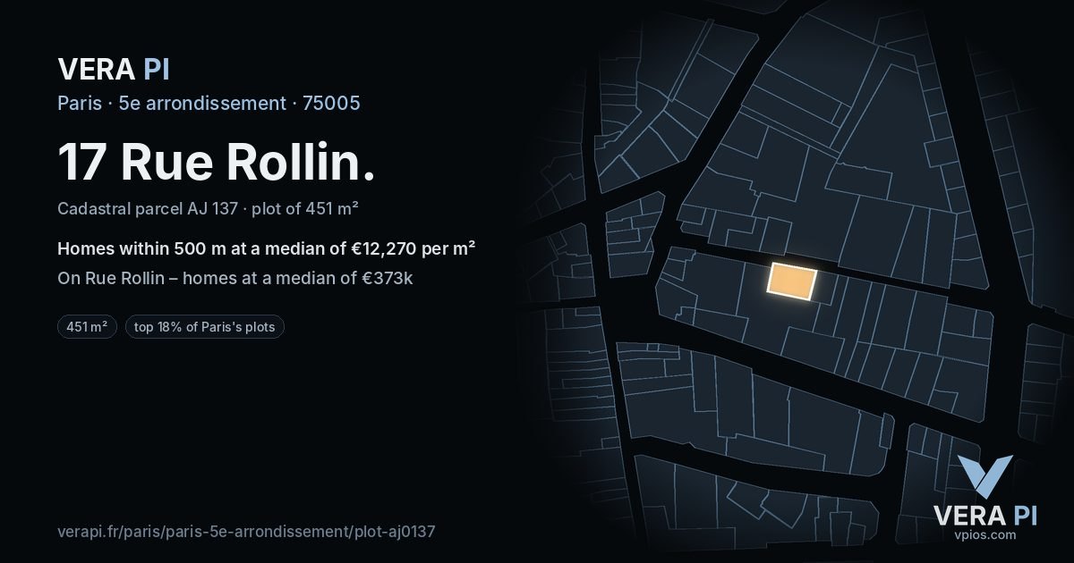 17 Rue Rollin, 5e arrondissement at night – the plot lit, the parcels around coloured by the prices near them