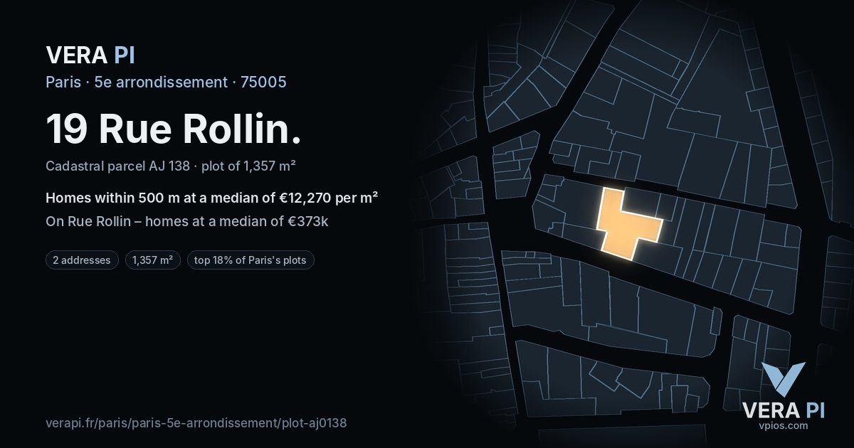 19 Rue Rollin, 5e arrondissement at night – the plot lit, the parcels around coloured by the prices near them