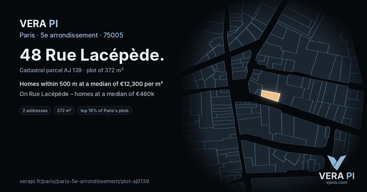 48 Rue Lacépède, 5e arrondissement at night – the plot lit, the parcels around coloured by the prices near them