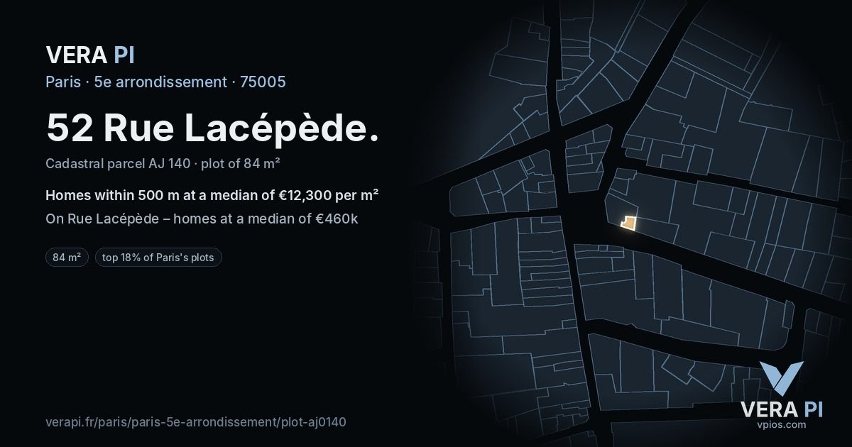 52 Rue Lacépède, 5e arrondissement at night – the plot lit, the parcels around coloured by the prices near them