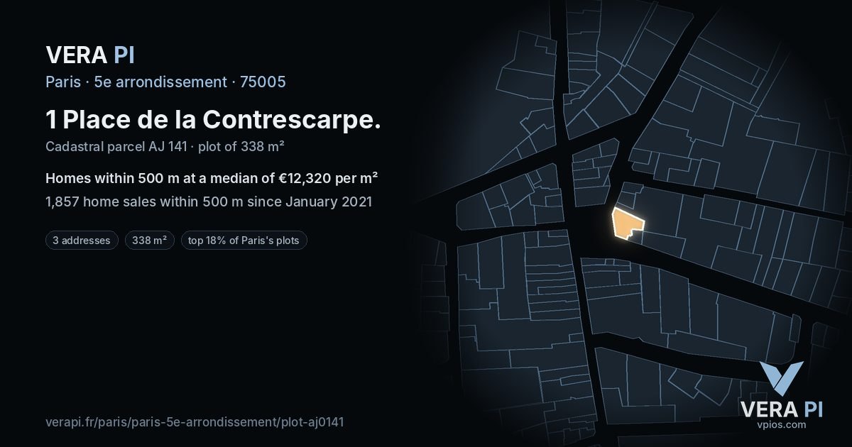1 Place de la Contrescarpe, 5e arrondissement at night – the plot lit, the parcels around coloured by the prices near them