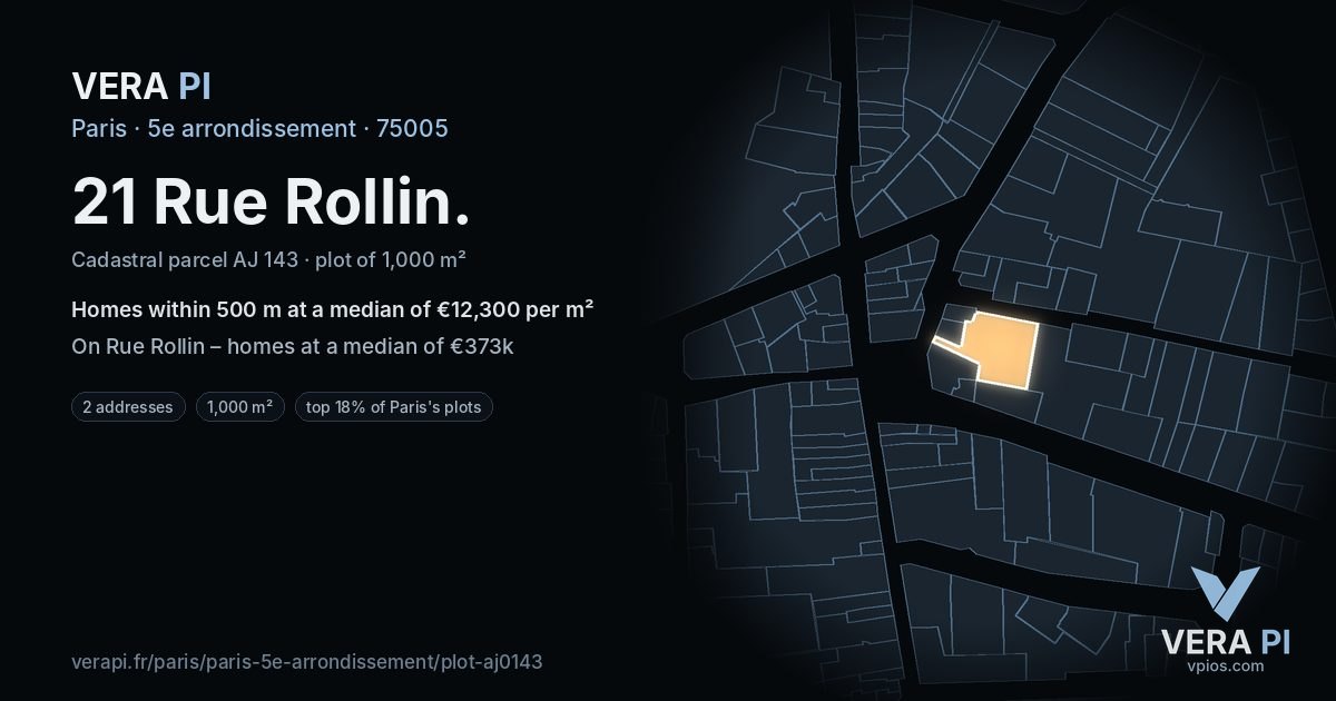 21 Rue Rollin, 5e arrondissement at night – the plot lit, the parcels around coloured by the prices near them