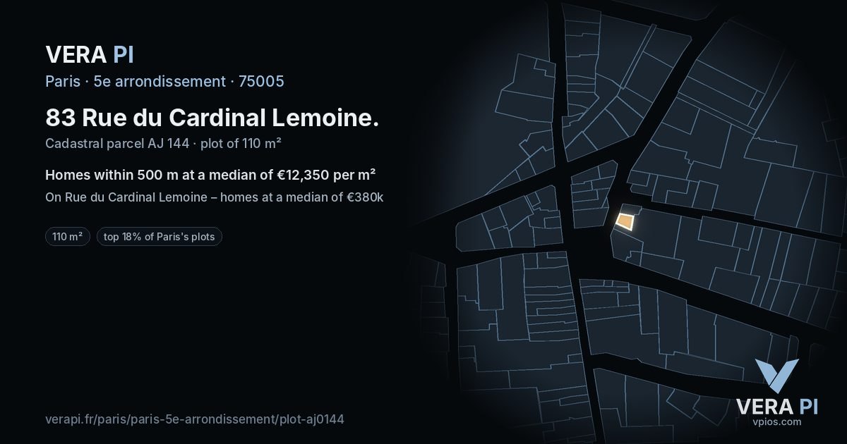 83 Rue du Cardinal Lemoine, 5e arrondissement at night – the plot lit, the parcels around coloured by the prices near them