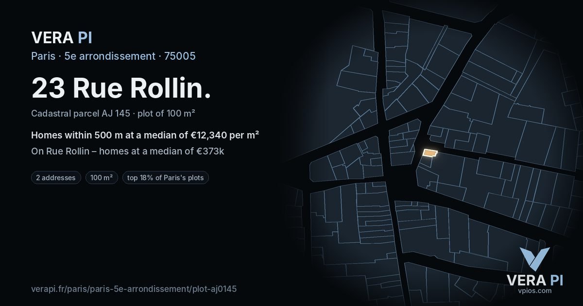 23 Rue Rollin, 5e arrondissement at night – the plot lit, the parcels around coloured by the prices near them