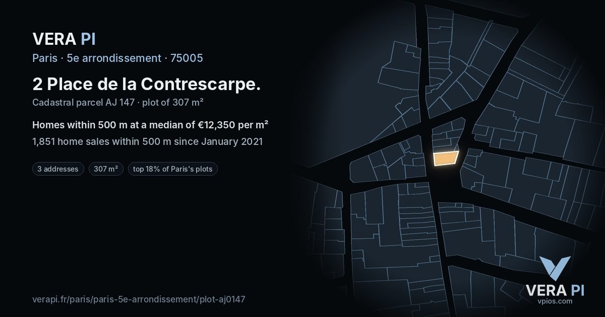 2 Place de la Contrescarpe, 5e arrondissement at night – the plot lit, the parcels around coloured by the prices near them