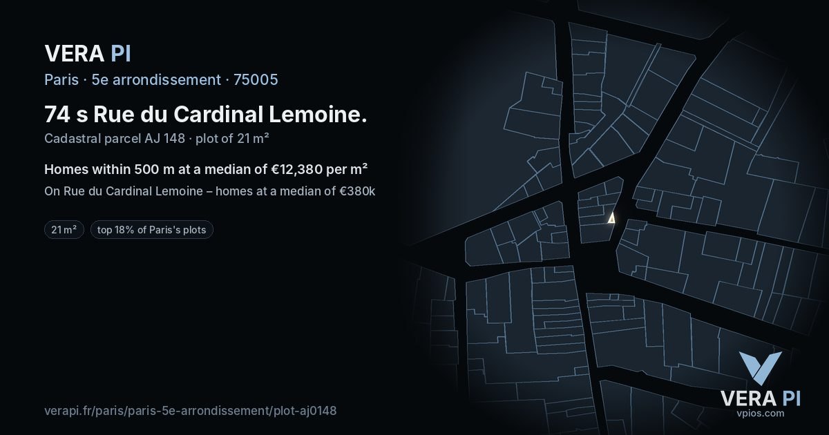 74 s Rue du Cardinal Lemoine, 5e arrondissement at night – the plot lit, the parcels around coloured by the prices near them