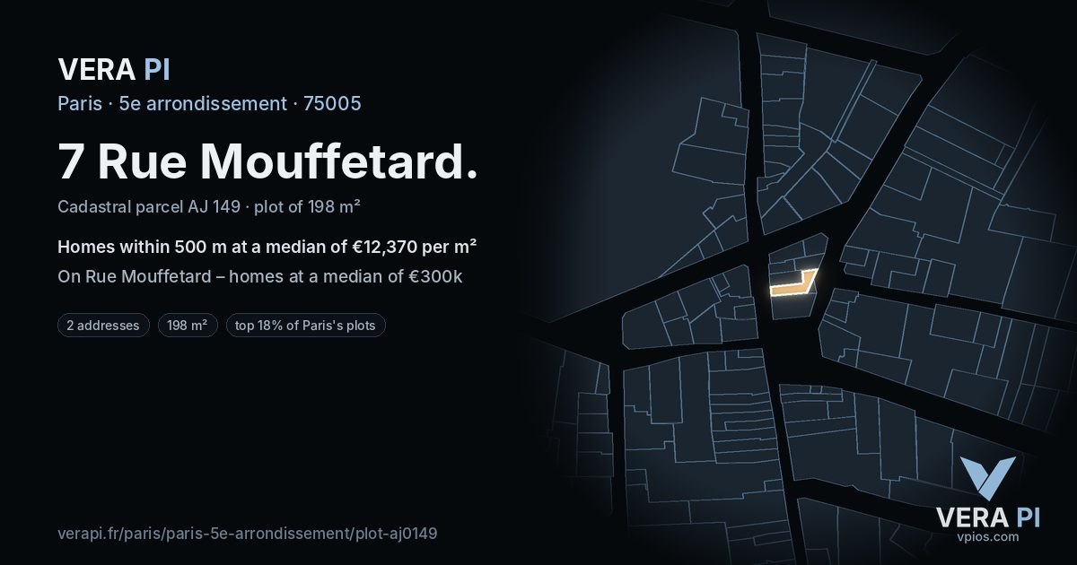 7 Rue Mouffetard, 5e arrondissement at night – the plot lit, the parcels around coloured by the prices near them