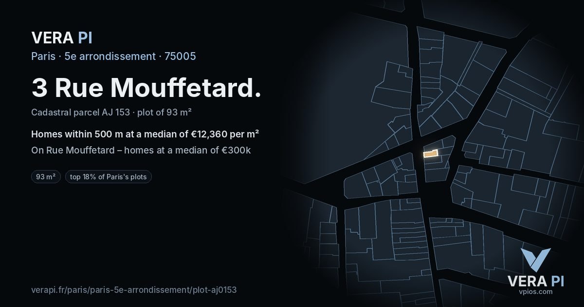 3 Rue Mouffetard, 5e arrondissement at night – the plot lit, the parcels around coloured by the prices near them