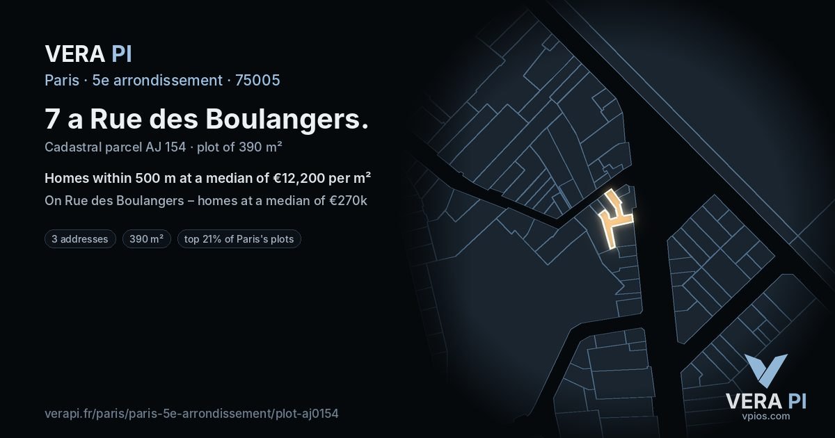 7 a Rue des Boulangers, 5e arrondissement at night – the plot lit, the parcels around coloured by the prices near them