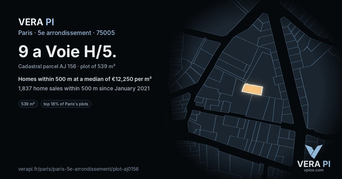 9 a Voie H/5, 5e arrondissement at night – the plot lit, the parcels around coloured by the prices near them
