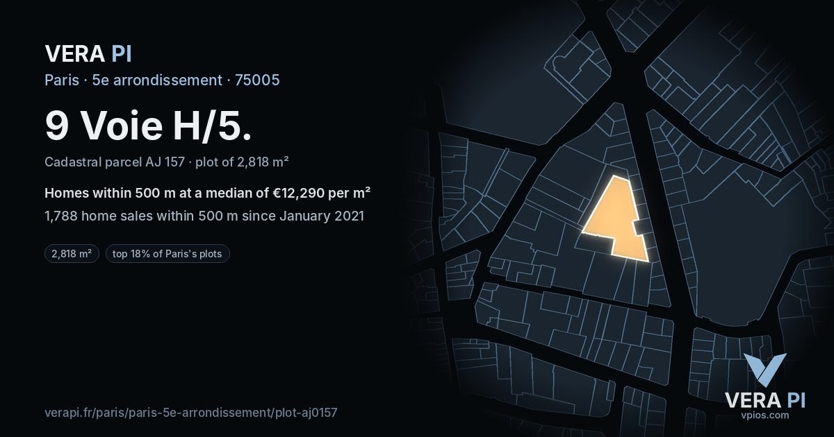 9 Voie H/5, 5e arrondissement at night – the plot lit, the parcels around coloured by the prices near them