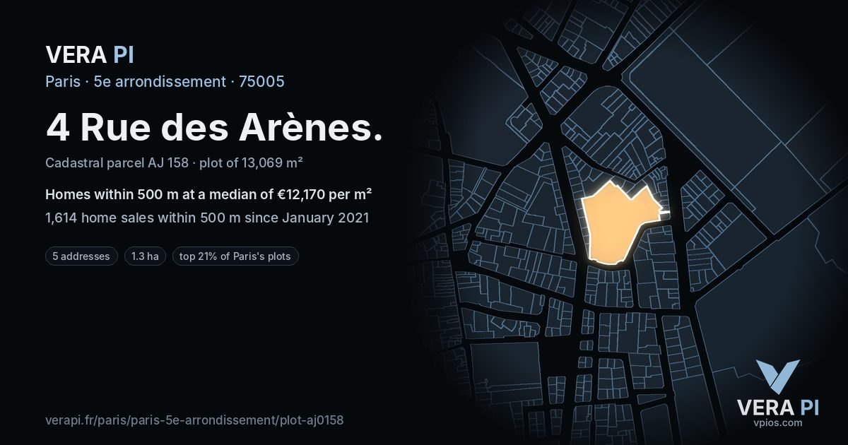 4 Rue des Arènes, 5e arrondissement at night – the plot lit, the parcels around coloured by the prices near them