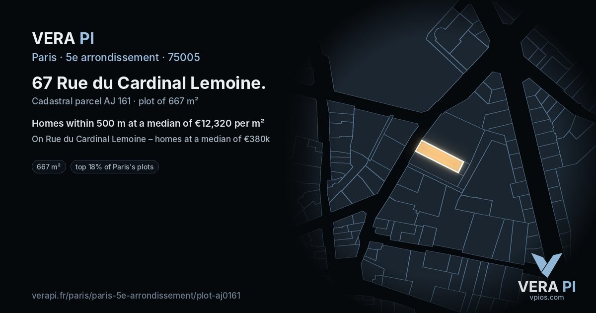 67 Rue du Cardinal Lemoine, 5e arrondissement at night – the plot lit, the parcels around coloured by the prices near them
