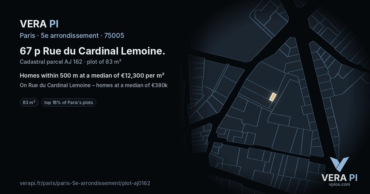 67 p Rue du Cardinal Lemoine, 5e arrondissement at night – the plot lit, the parcels around coloured by the prices near them