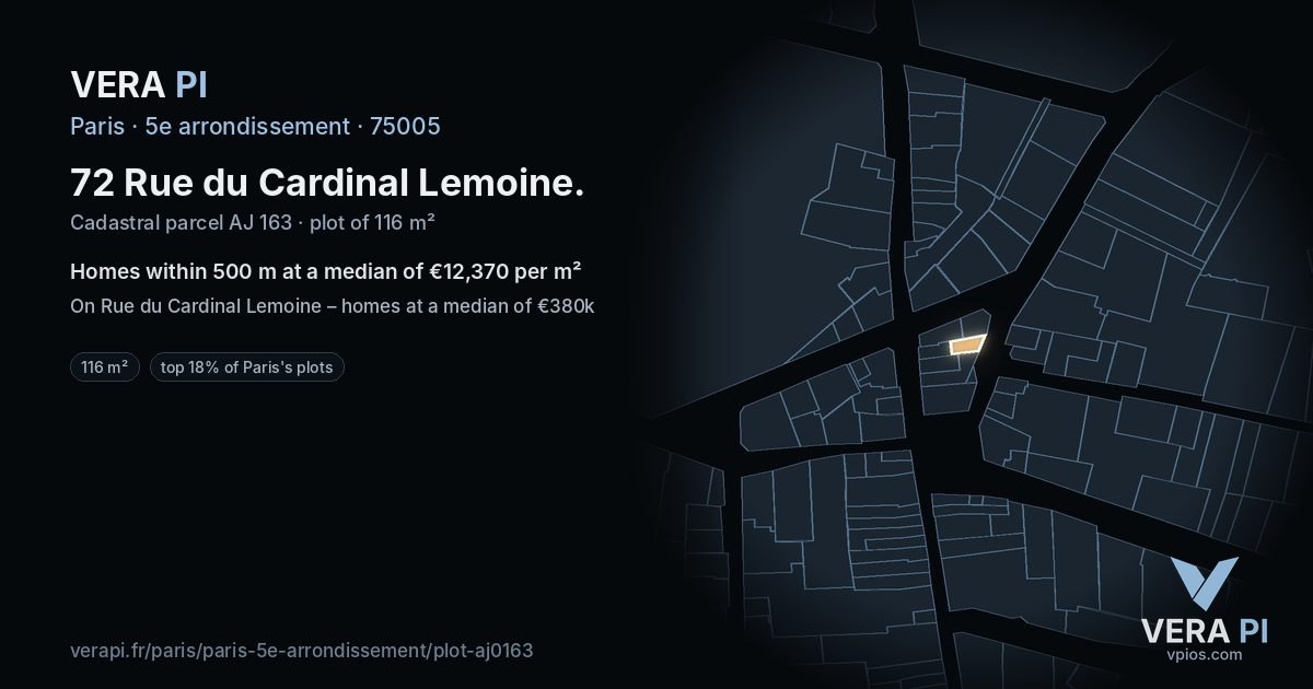 72 Rue du Cardinal Lemoine, 5e arrondissement at night – the plot lit, the parcels around coloured by the prices near them