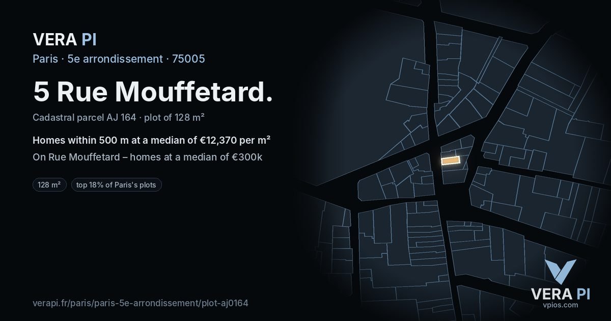 5 Rue Mouffetard, 5e arrondissement at night – the plot lit, the parcels around coloured by the prices near them