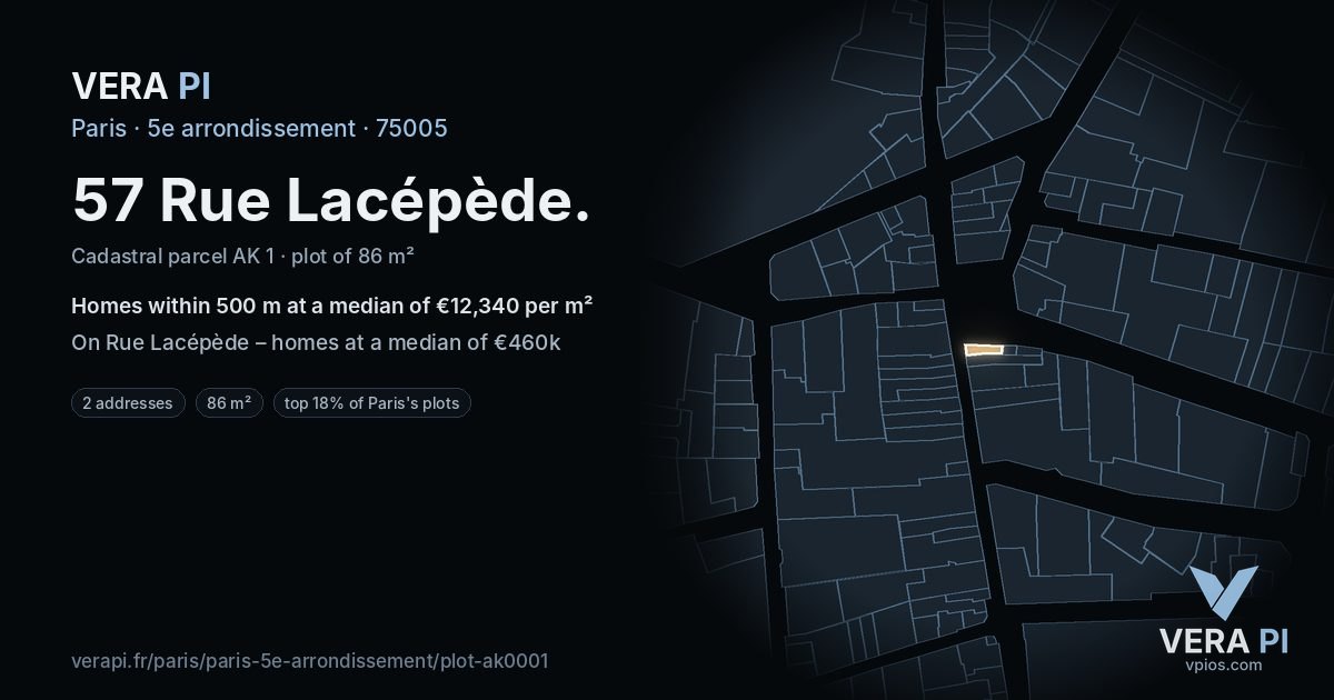 57 Rue Lacépède, 5e arrondissement at night – the plot lit, the parcels around coloured by the prices near them