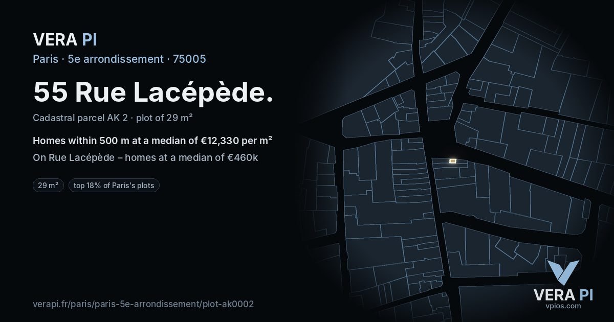55 Rue Lacépède, 5e arrondissement at night – the plot lit, the parcels around coloured by the prices near them