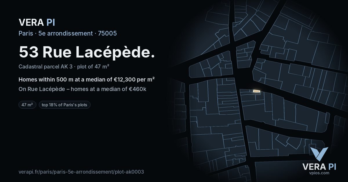 53 Rue Lacépède, 5e arrondissement at night – the plot lit, the parcels around coloured by the prices near them