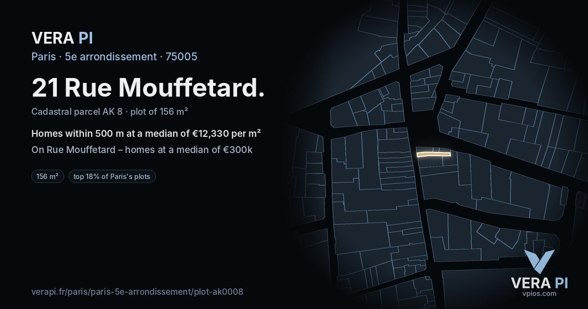 21 Rue Mouffetard, 5e arrondissement at night – the plot lit, the parcels around coloured by the prices near them