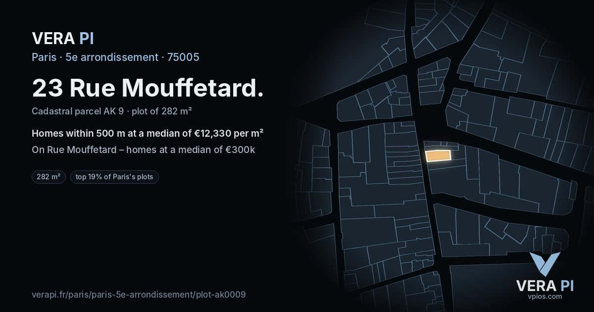 23 Rue Mouffetard, 5e arrondissement at night – the plot lit, the parcels around coloured by the prices near them