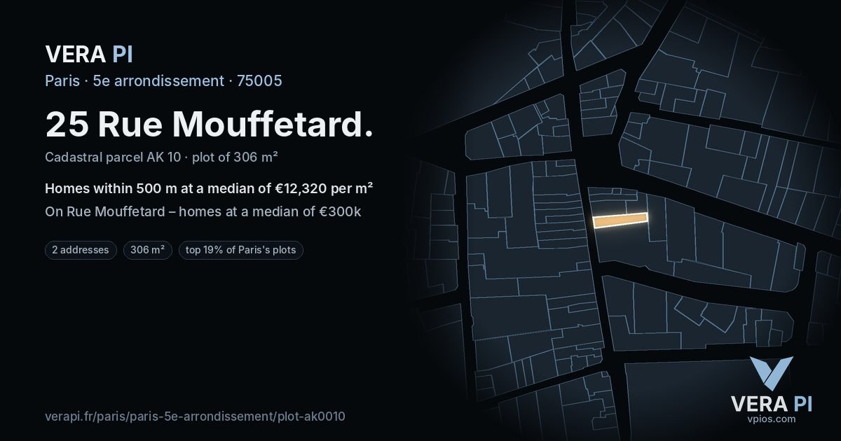 25 Rue Mouffetard, 5e arrondissement at night – the plot lit, the parcels around coloured by the prices near them