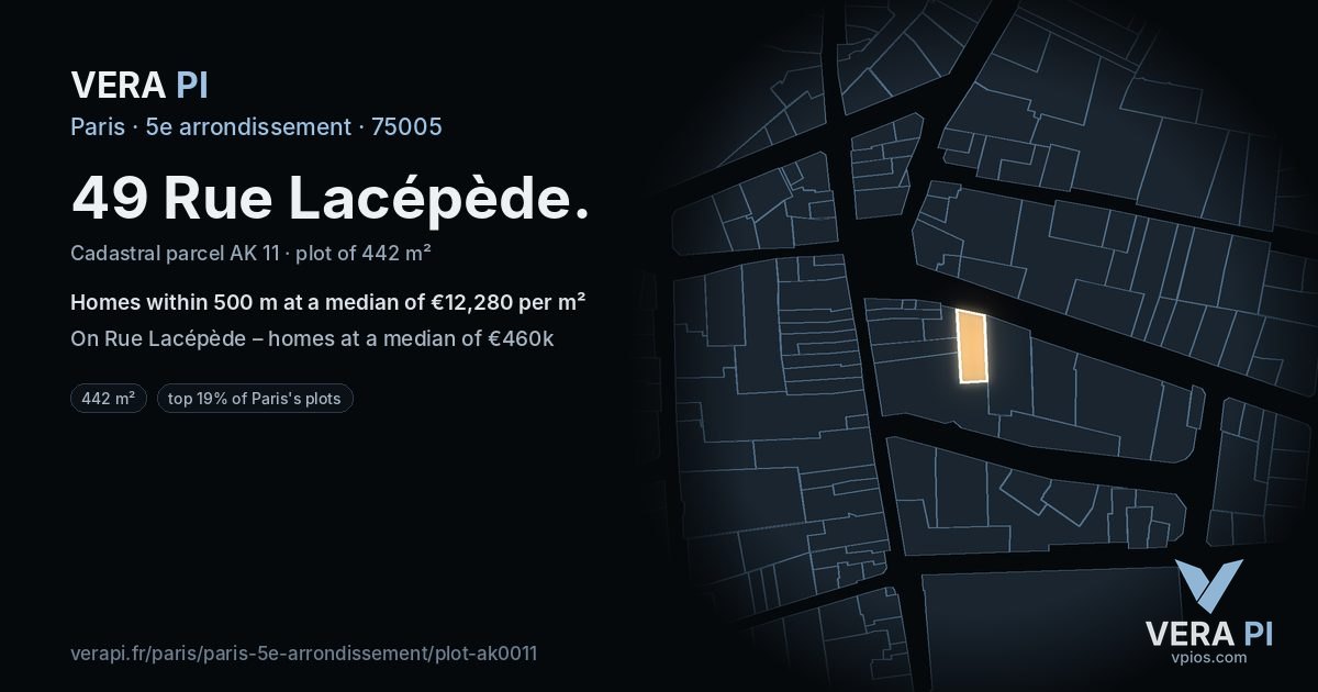 49 Rue Lacépède, 5e arrondissement at night – the plot lit, the parcels around coloured by the prices near them