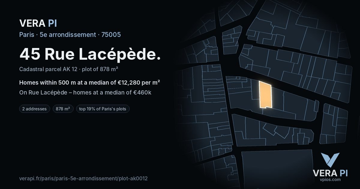45 Rue Lacépède, 5e arrondissement at night – the plot lit, the parcels around coloured by the prices near them