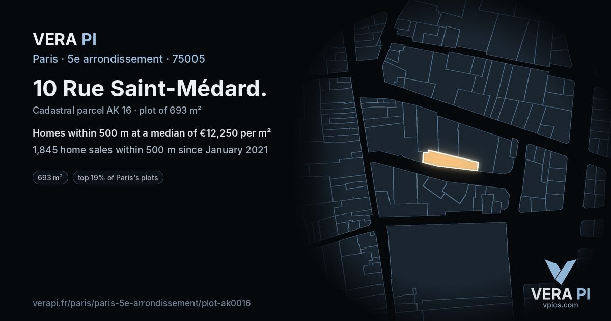10 Rue Saint-Médard, 5e arrondissement at night – the plot lit, the parcels around coloured by the prices near them