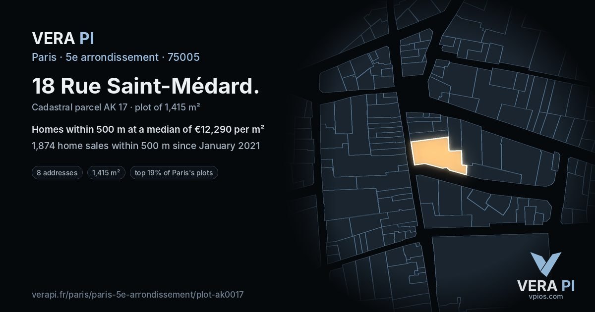 18 Rue Saint-Médard, 5e arrondissement at night – the plot lit, the parcels around coloured by the prices near them