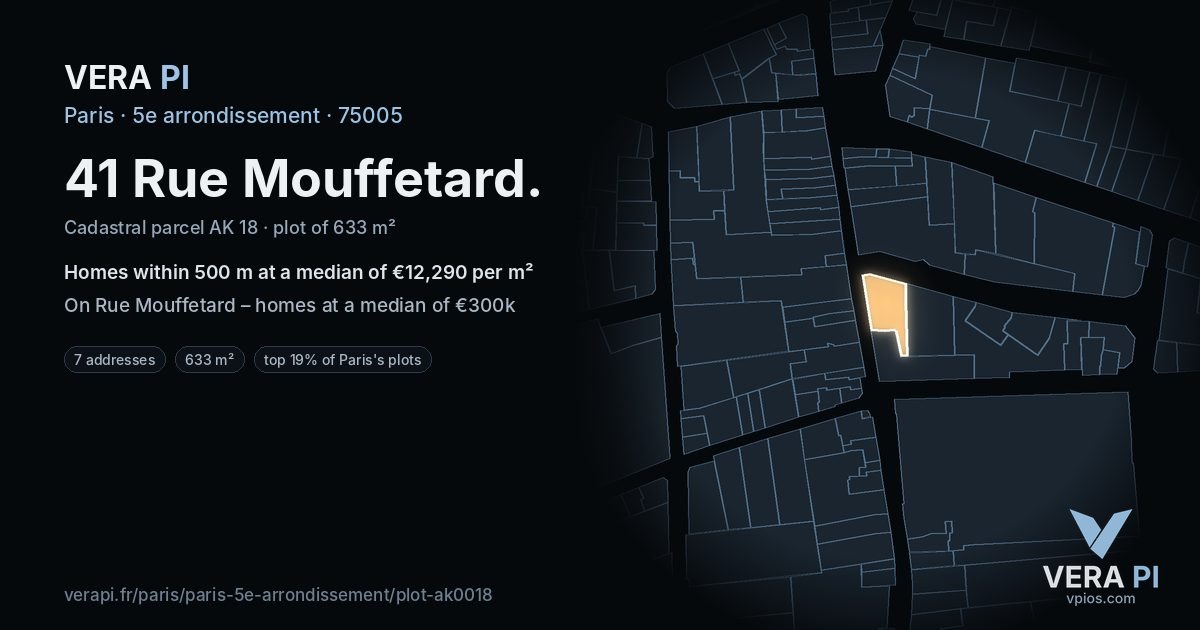 41 Rue Mouffetard, 5e arrondissement at night – the plot lit, the parcels around coloured by the prices near them