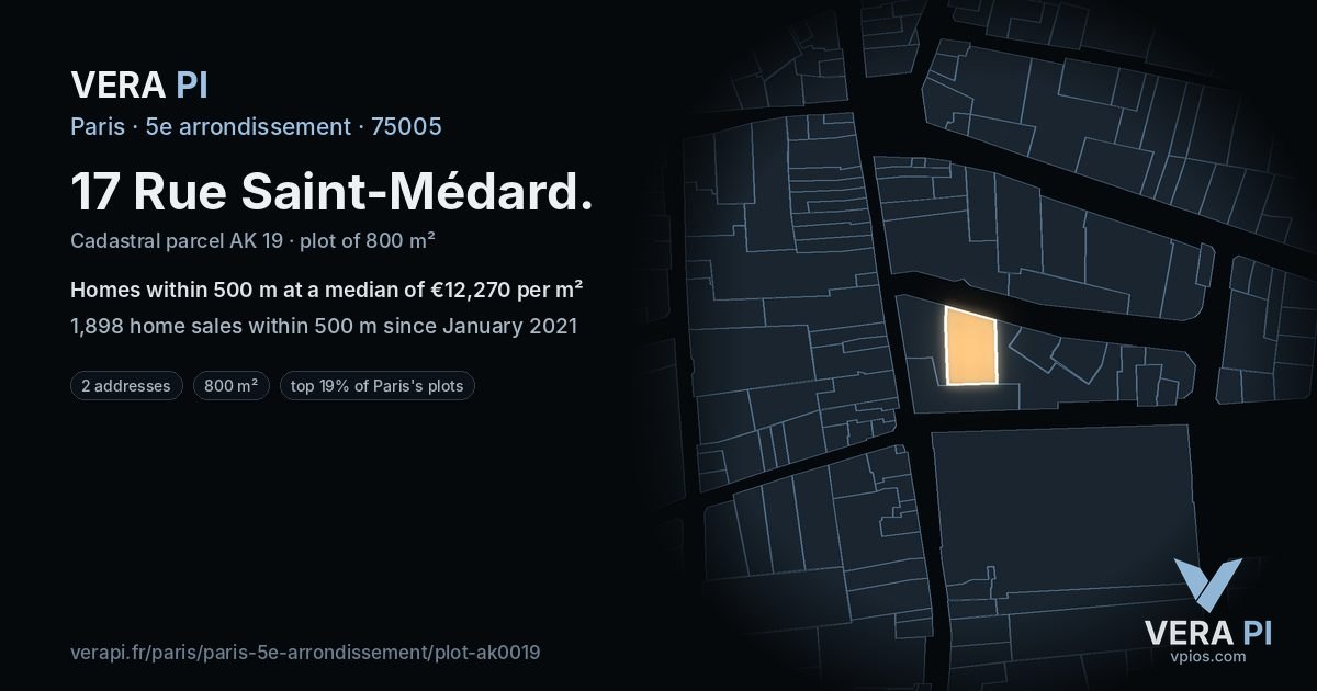 17 Rue Saint-Médard, 5e arrondissement at night – the plot lit, the parcels around coloured by the prices near them
