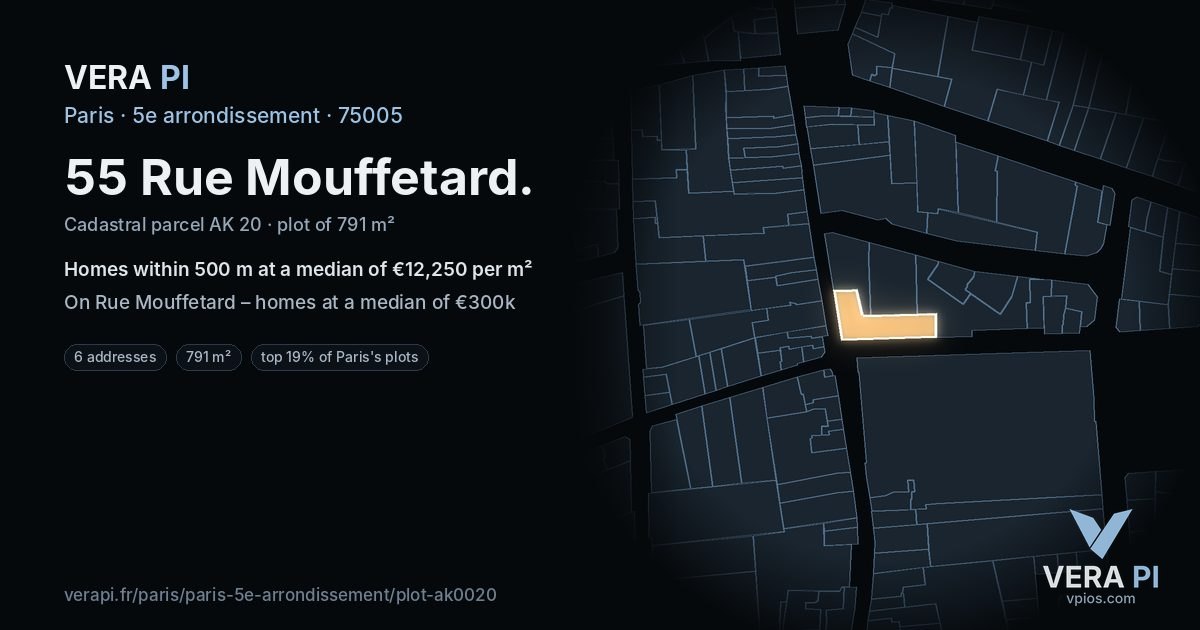 55 Rue Mouffetard, 5e arrondissement at night – the plot lit, the parcels around coloured by the prices near them