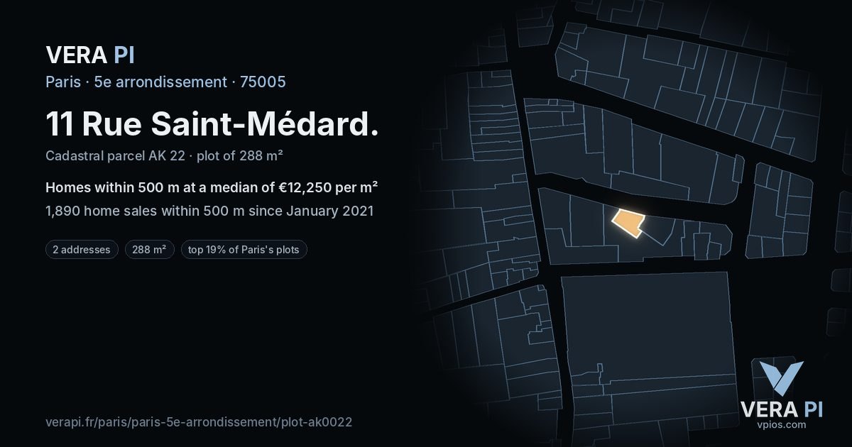 11 Rue Saint-Médard, 5e arrondissement at night – the plot lit, the parcels around coloured by the prices near them