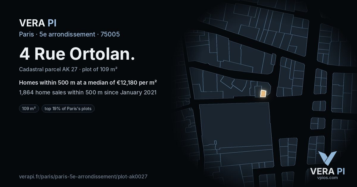 4 Rue Ortolan, 5e arrondissement at night – the plot lit, the parcels around coloured by the prices near them