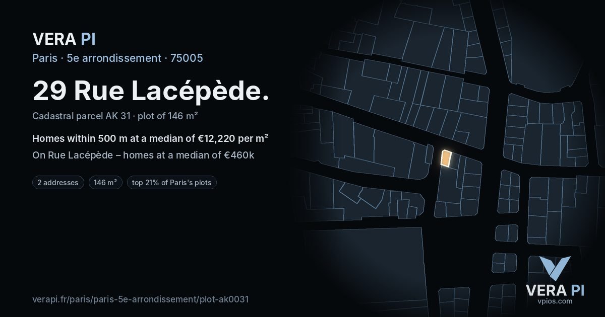 29 Rue Lacépède, 5e arrondissement at night – the plot lit, the parcels around coloured by the prices near them