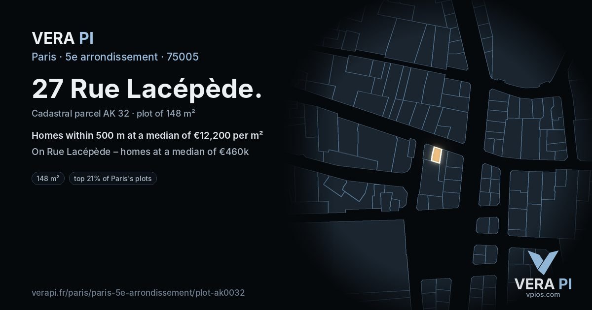 27 Rue Lacépède, 5e arrondissement at night – the plot lit, the parcels around coloured by the prices near them