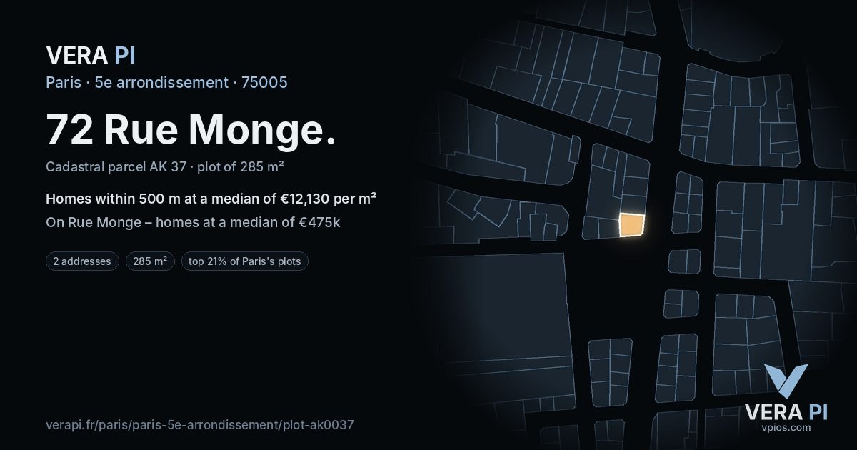 72 Rue Monge, 5e arrondissement at night – the plot lit, the parcels around coloured by the prices near them