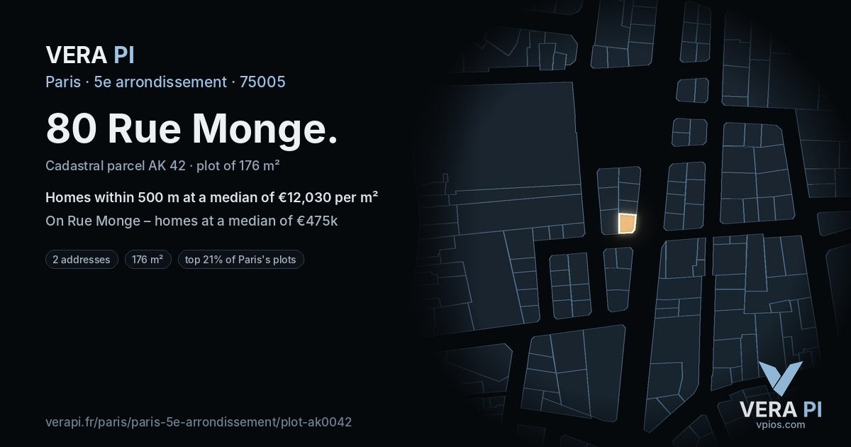 80 Rue Monge, 5e arrondissement at night – the plot lit, the parcels around coloured by the prices near them