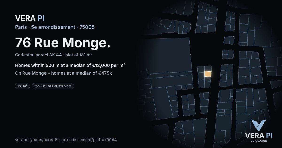 76 Rue Monge, 5e arrondissement at night – the plot lit, the parcels around coloured by the prices near them