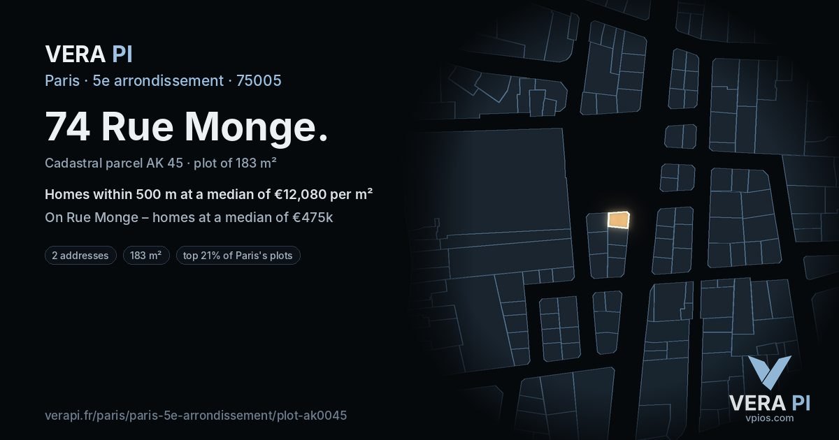 74 Rue Monge, 5e arrondissement at night – the plot lit, the parcels around coloured by the prices near them