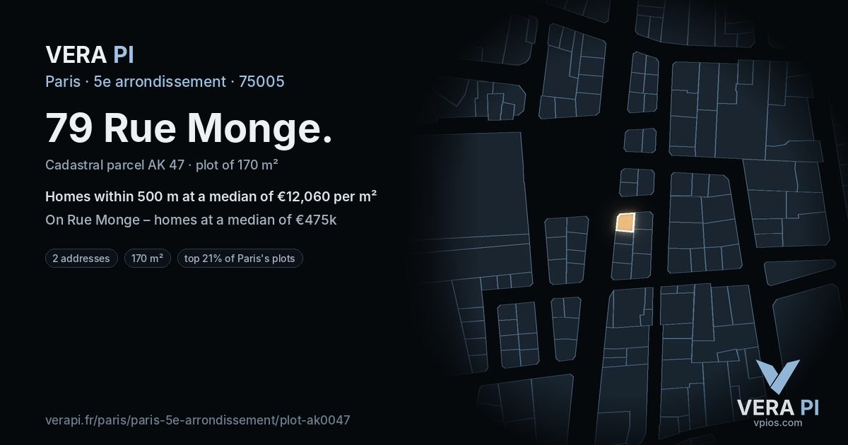 79 Rue Monge, 5e arrondissement at night – the plot lit, the parcels around coloured by the prices near them