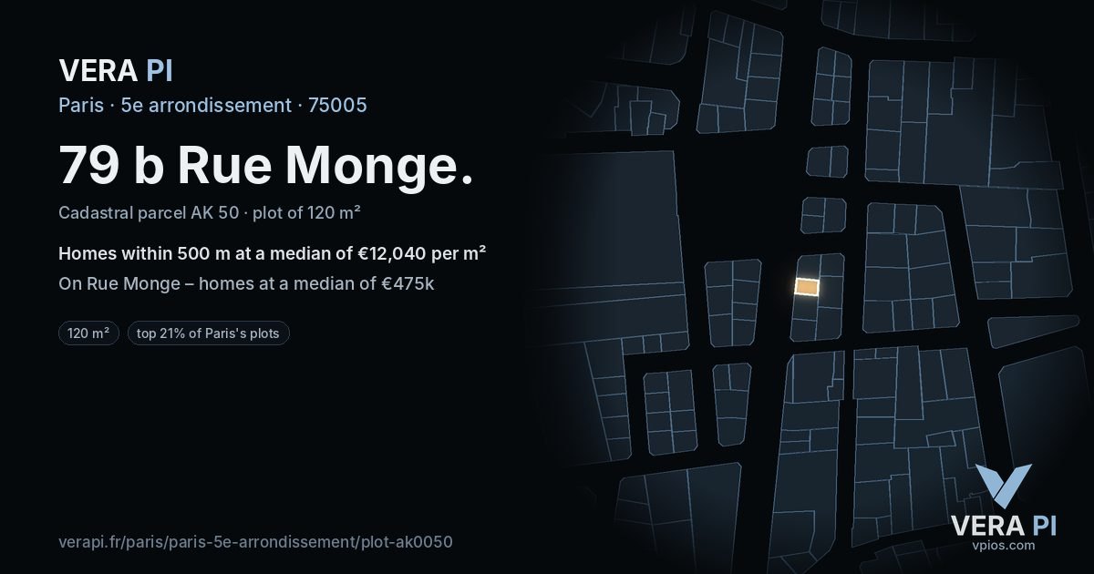 79 b Rue Monge, 5e arrondissement at night – the plot lit, the parcels around coloured by the prices near them