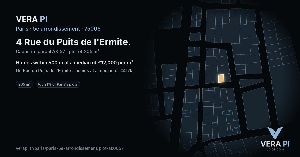 4 Rue du Puits de l'Ermite, 5e arrondissement at night – the plot lit, the parcels around coloured by the prices near them