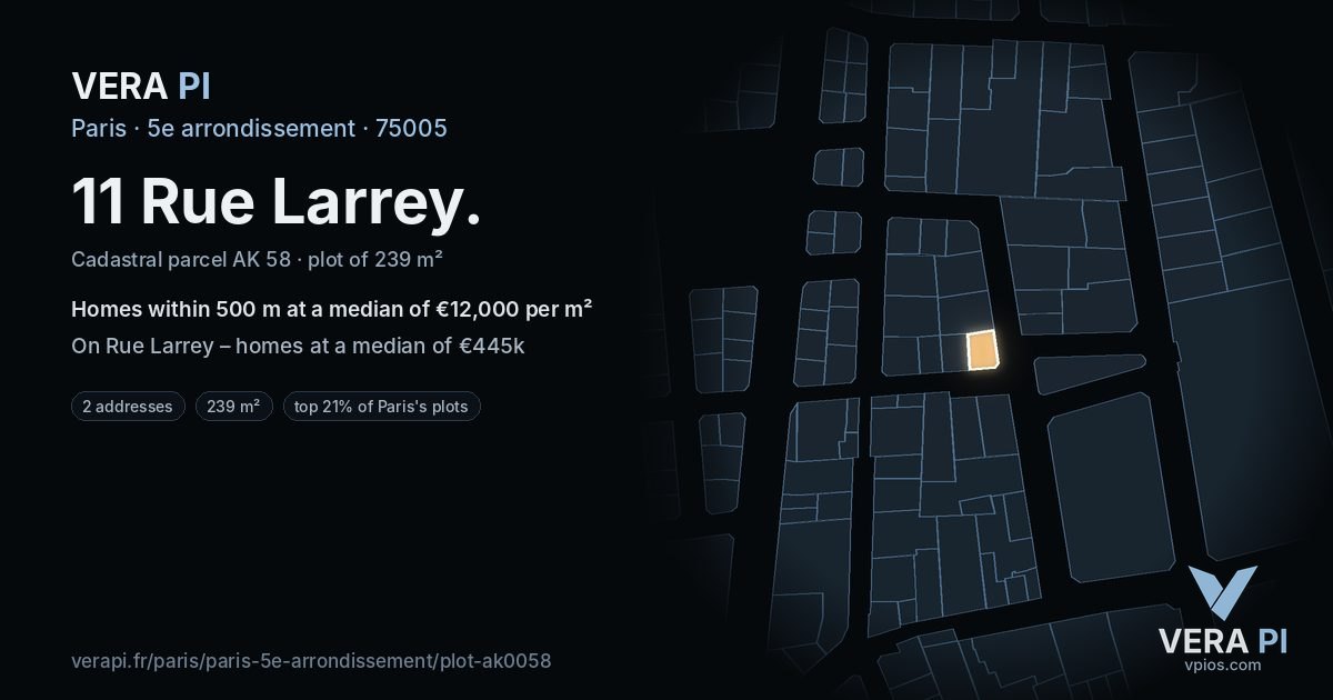 11 Rue Larrey, 5e arrondissement at night – the plot lit, the parcels around coloured by the prices near them