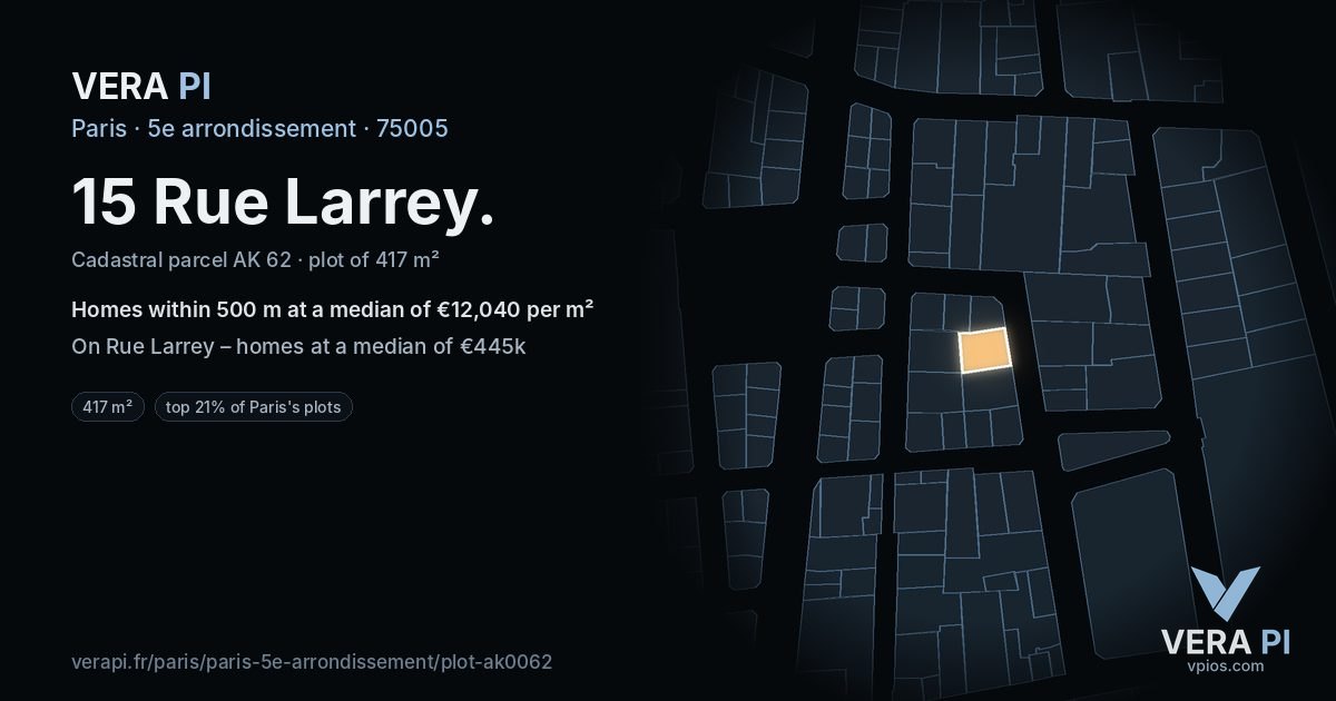 15 Rue Larrey, 5e arrondissement at night – the plot lit, the parcels around coloured by the prices near them