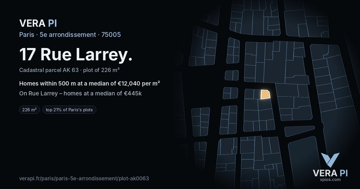17 Rue Larrey, 5e arrondissement at night – the plot lit, the parcels around coloured by the prices near them
