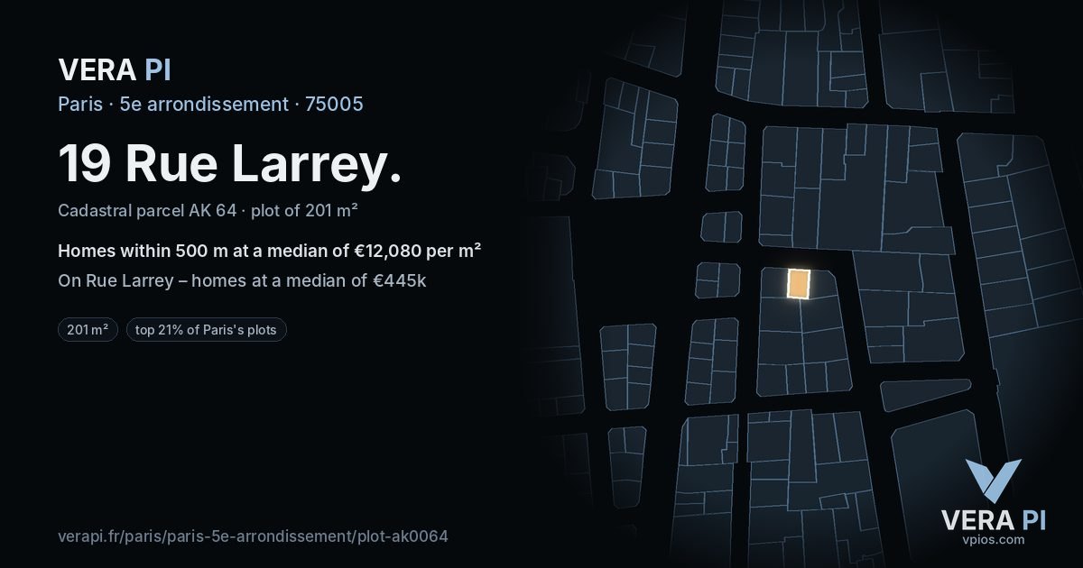 19 Rue Larrey, 5e arrondissement at night – the plot lit, the parcels around coloured by the prices near them