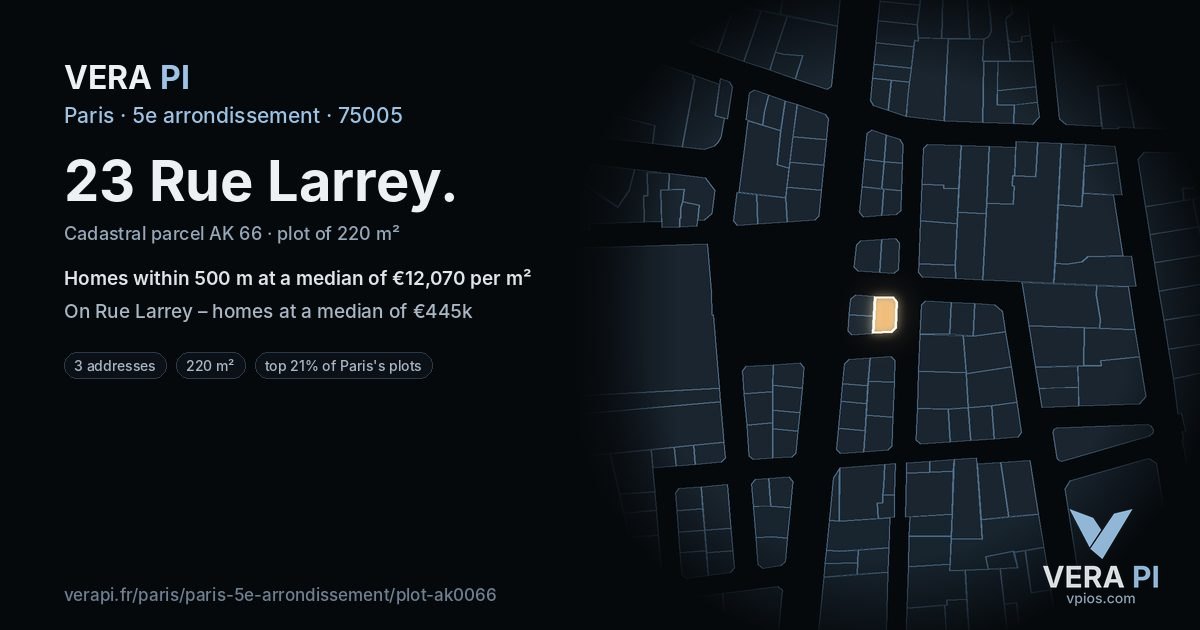 23 Rue Larrey, 5e arrondissement at night – the plot lit, the parcels around coloured by the prices near them